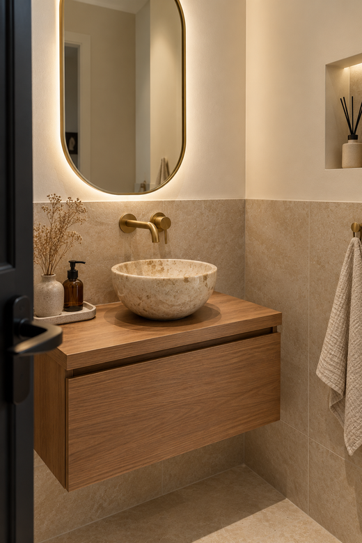 waskom beige met tegels in badkamer