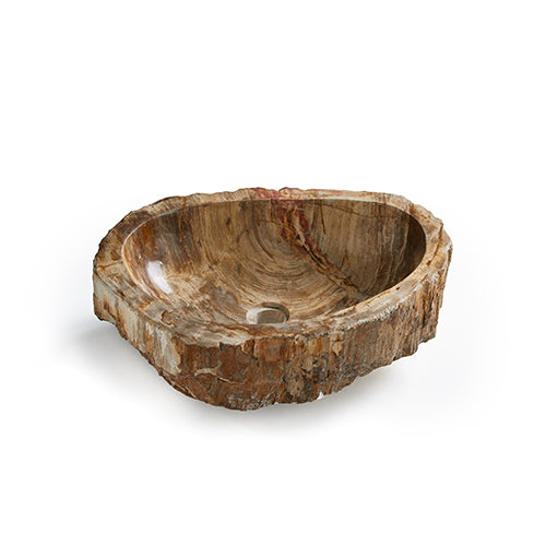 Versteend houten waskom in organische vorm met unieke nerven op witte achtergrond vooraanzicht 45x40x15cm