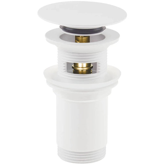 Witte click-clack afvoerplug voor waskom met messing binnenwerk op witte achtergrond