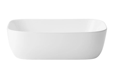 Witte rechthoekige keramische opbouwwaskom 33x45,5x13,5cm met strakke lijnen en gladde afwerking, ideaal voor moderne badkamers en toiletmeubels