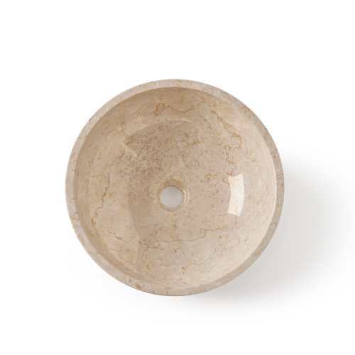 Ronde beige natuurstenen waskom 40x40x15cm met gepolijste binnenzijde en gehamerde buitenzijde bovenaanzicht op witte achtergrond