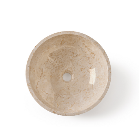 Ronde beige natuurstenen waskom 40x40x15cm met gepolijste binnenzijde en gehamerde buitenzijde bovenaanzicht op witte achtergrond
