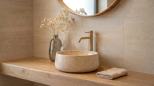 Ronde beige natuurstenen waskom met hoge gouden kraan op houten wastafelblad in een warme natuurlijke badkamer met ronde spiegel