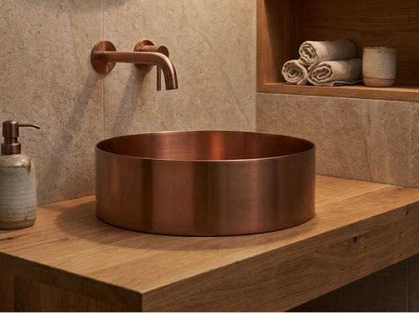 Koperen ronde waskom met bijpassende koperen wandkraan op houten blad