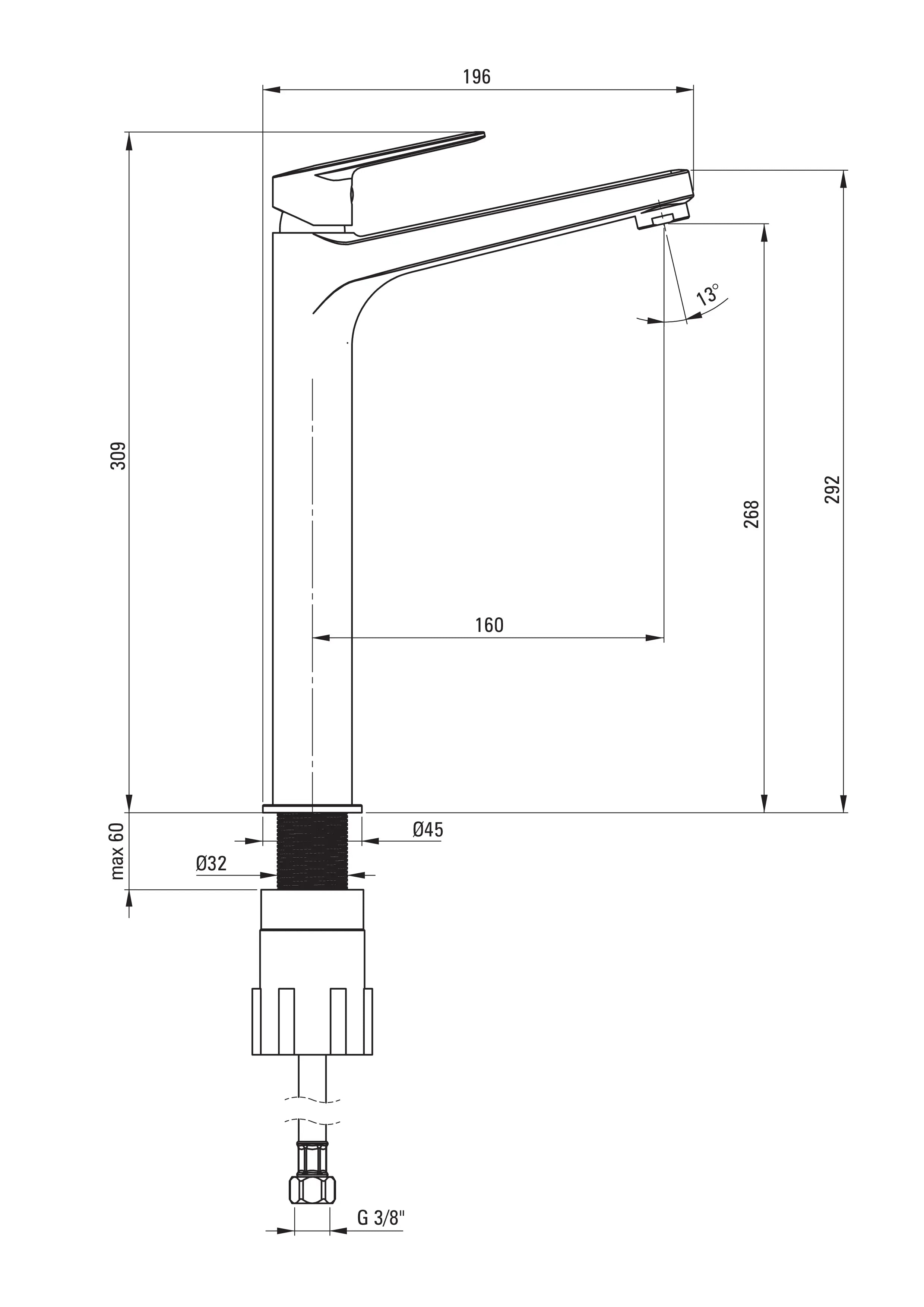 technische tekening zwarte kraan voor waskom