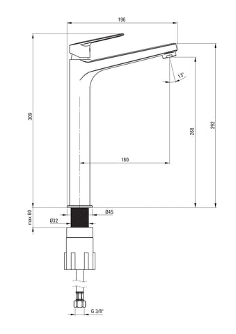 technische tekening zwarte kraan voor waskom