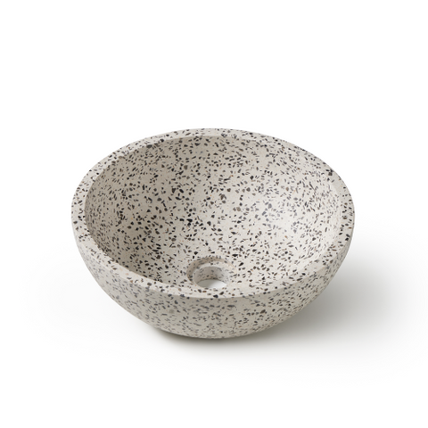 Ronde grijze terrazzo waskom 35x35x12cm vooraanzicht op witte achtergrond