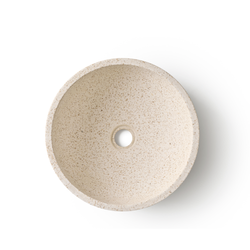 Terrazzo waskom 35x35x12cm in witte, beige tint bovenaanzicht op witte achtergrond