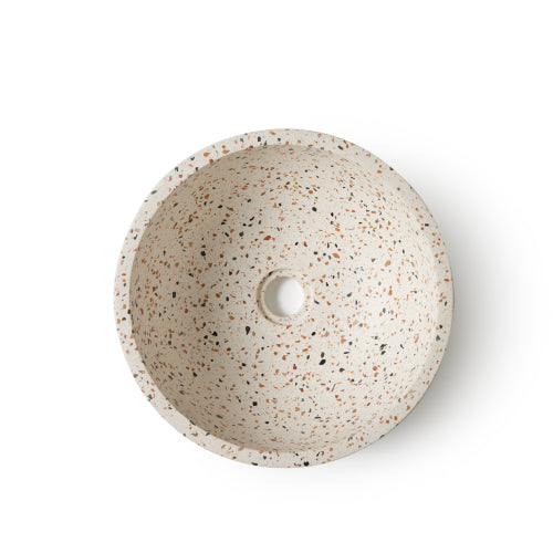 Witte terrazzo waskom bovenaanzicht multicolor op witte achtergrond 35x35x12cm