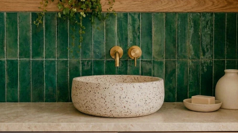 Ronde terrazzo waskom met kleurrijke spikkels op natuurstenen wastafelblad met gouden wandkraan tegen groene zellige-tegels