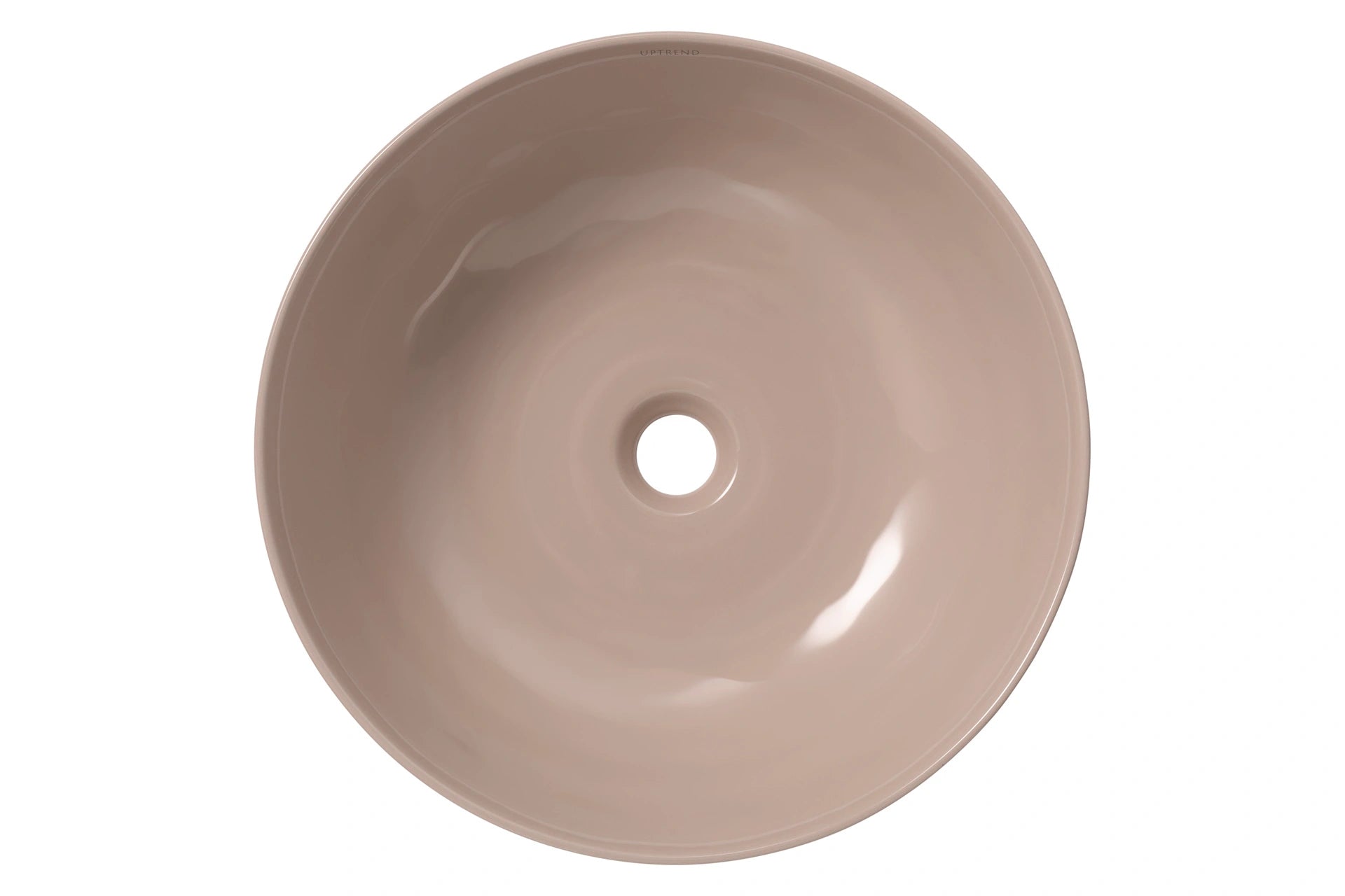 Ronde taupe keramische waskom als opbouwmodel 42x42x14cm met gladde afwerking en centraal afvoergat, perfect voor moderne badkamerstijlen