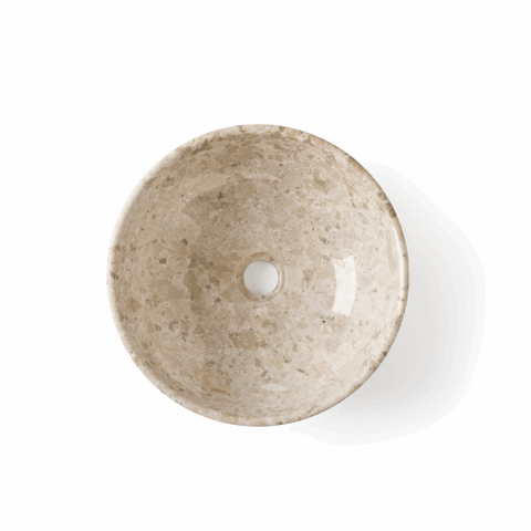 Beige ronde natuurstenen waskom 35x35x15cm met travertinlook bovenaanzicht op witte achtergrond