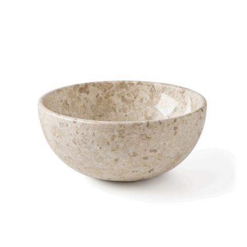 Beige ronde natuurstenen waskom 35x35x15cm met travertinlook vooraanzicht op witte achtergrond