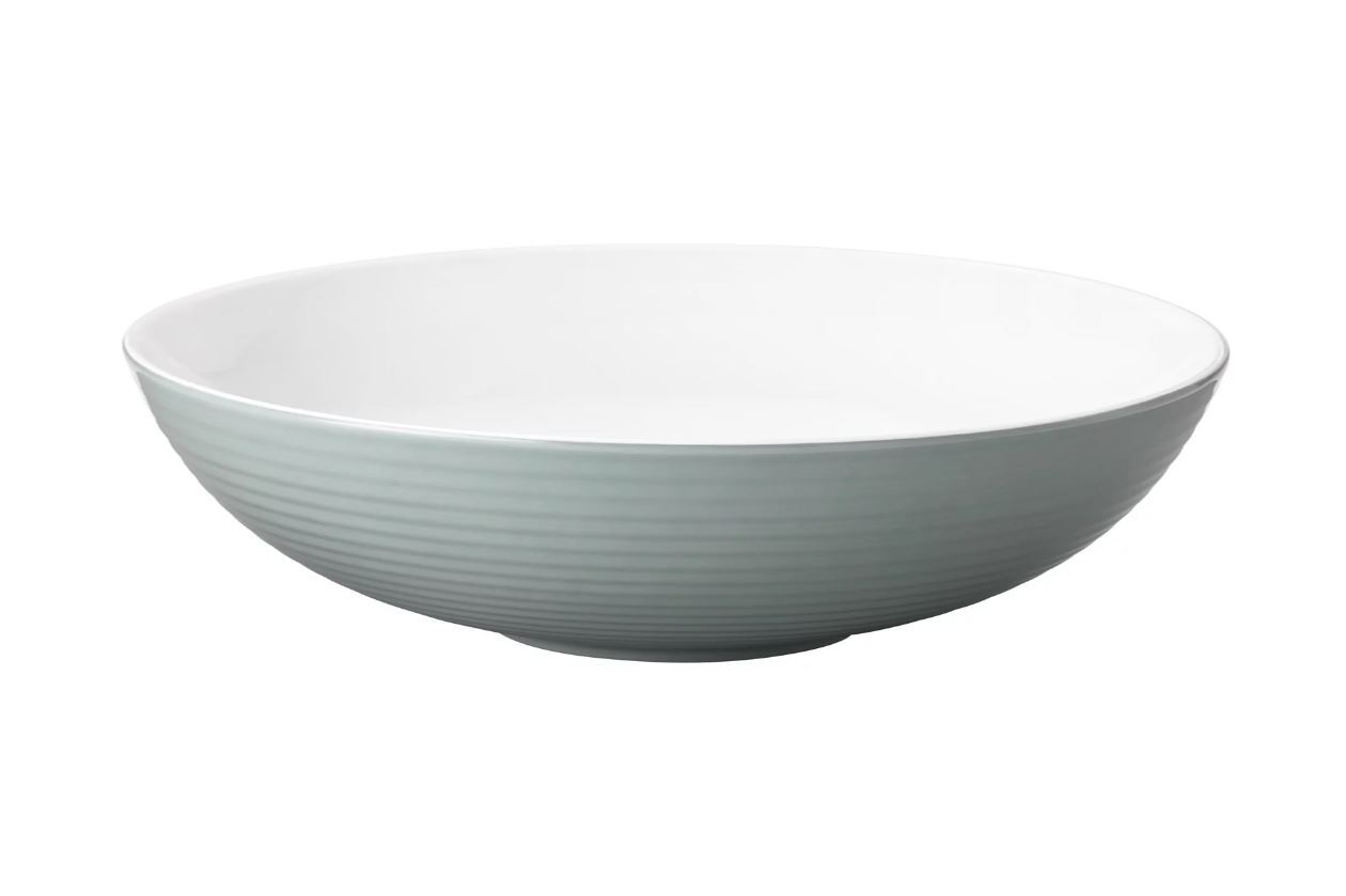 Ronde wit-grijze keramische waskom 42x42x11cm vooraanzicht op een witte achtergrond