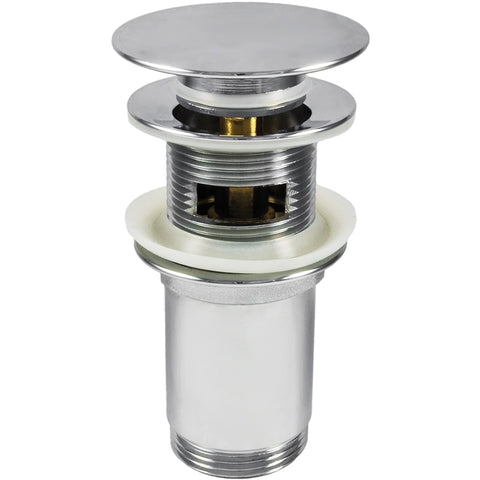 Chrome click-clack afvoerplug voor waskom met messing binnenwerk op witte achtergrond