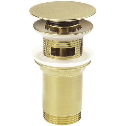 Gouden click-clack afvoerplug voor waskom met messing binnenwerk op witte achtergrond