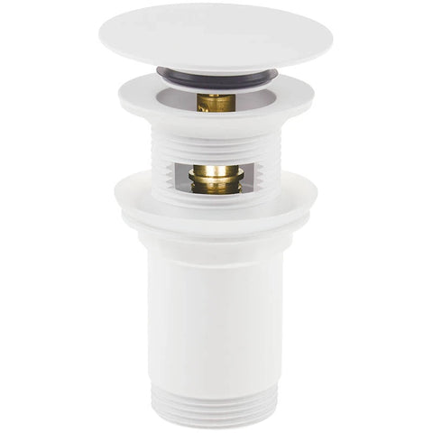 Witte click-clack afvoerplug voor waskom met messing binnenwerk op witte achtergrond