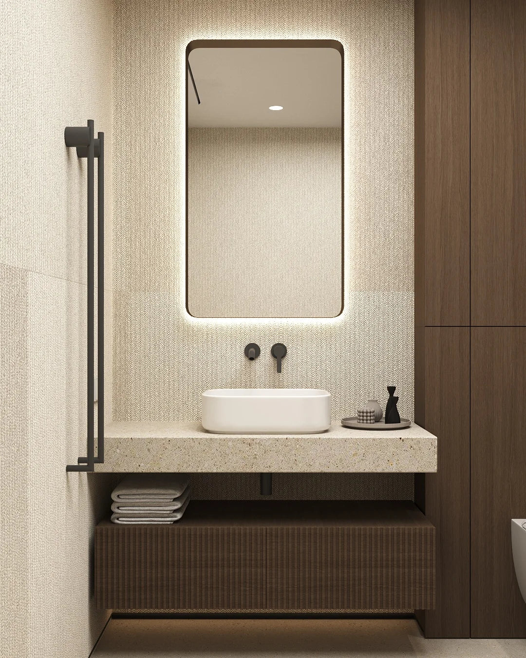 Moderne badkamer met rechthoekige spiegel, opbouw waskom en ingebouwde wandkraan