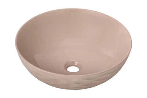Zandkleurige keramische waskom rond 42x42x14 cm met glanzende afwerking en subtiel reliëf, opbouwmodel voor badkamermeubel