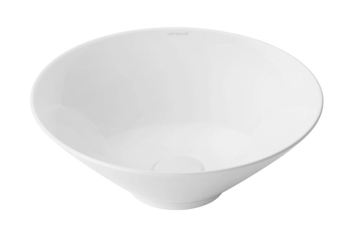 Ronde witte keramische waskom met glanzende afwerking en strakke vorm, perfect voor een moderne badkamerstijl
