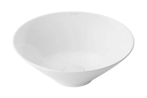 Ronde witte keramische waskom met glanzende afwerking en strakke vorm, perfect voor een moderne badkamerstijl
