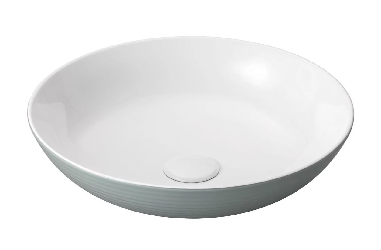 Ronde witte keramische opbouwwaskom met zachte glans en elegante uitstraling voor gebruik op een badkamermeubel