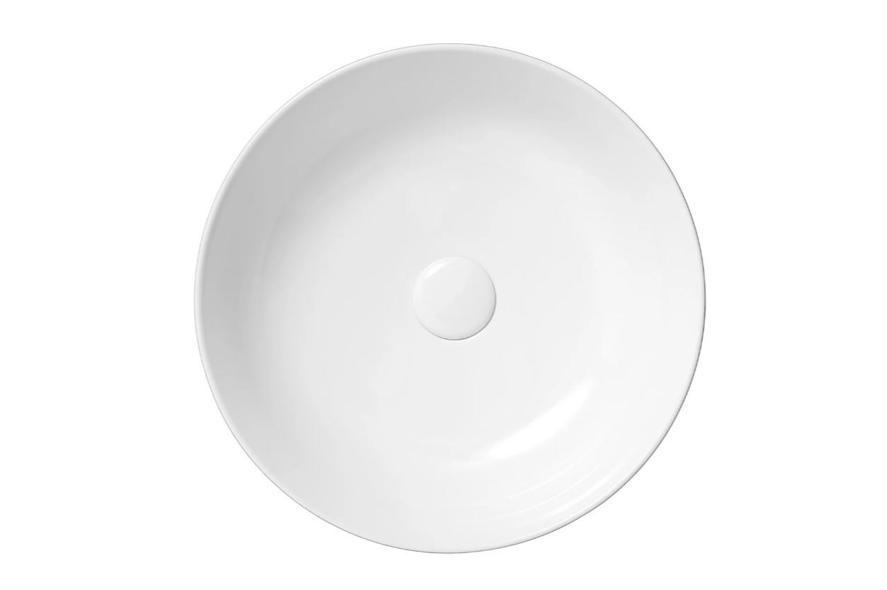 Ronde witte keramische opbouwwaskom in packshotweergave met gladde afwerking en centrale afvoer voor een moderne badkamer