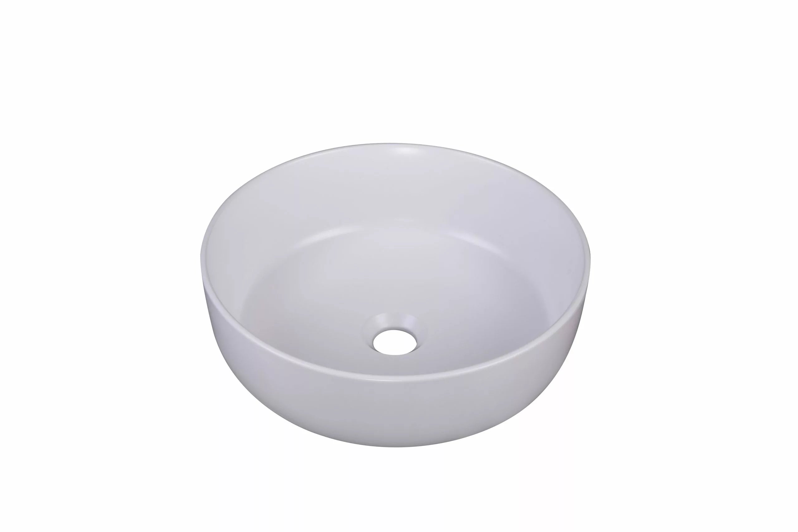 Ronde witte keramische opbouwwaskom 38,5x38,5x14cm in packshotweergave met gladde afwerking en centrale afvoer voor een moderne badkamer