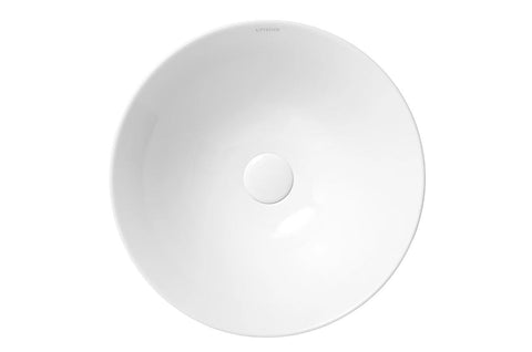 Ronde witte keramische opbouwwaskom 41x41x15cm met gladde afwerking en centraal afvoergat, ideaal voor een moderne en minimalistische badkamer