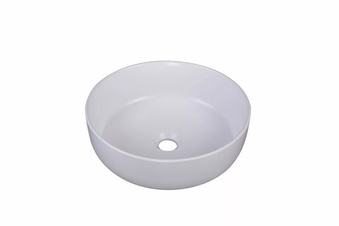 Ronde witte keramische opbouwwaskom 38,5x38,5x14cm in packshotweergave met gladde afwerking en centrale afvoer voor een moderne badkamer