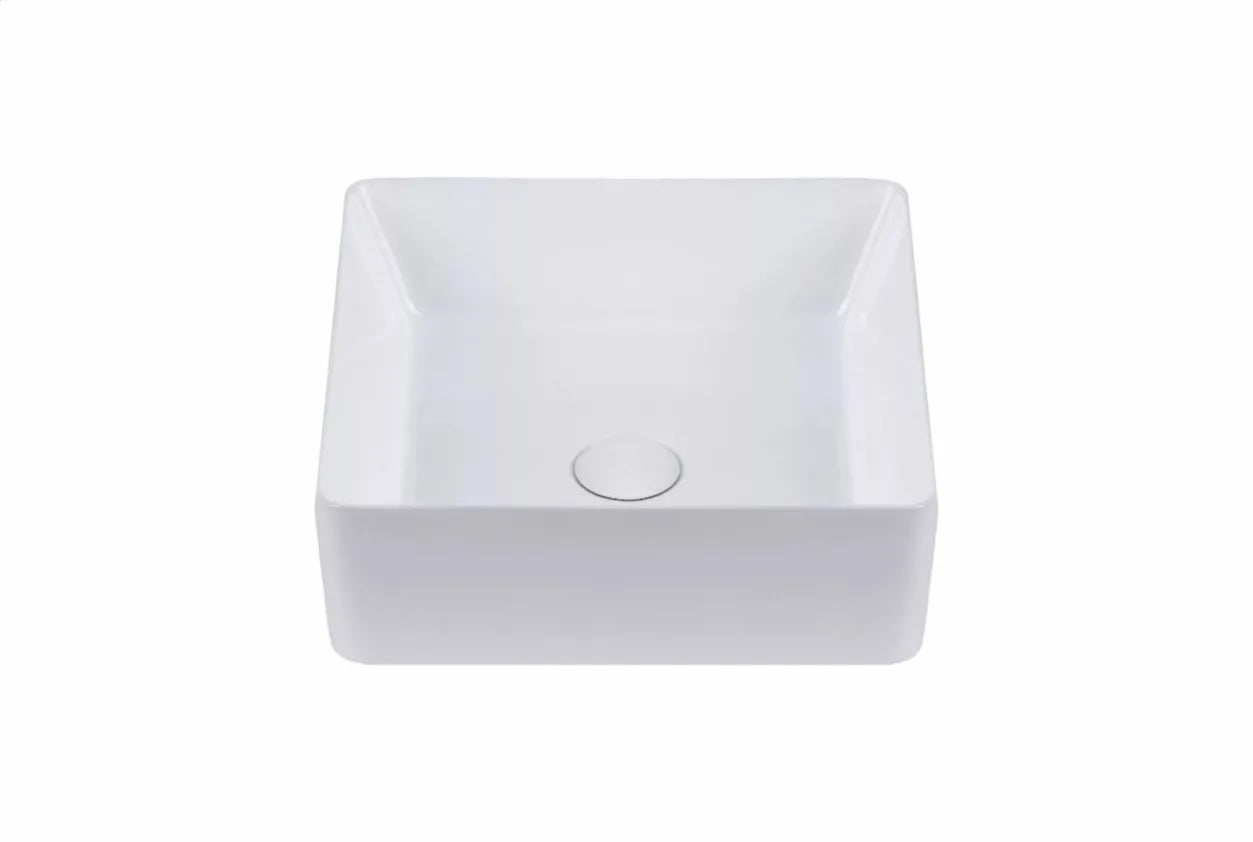 Witte vierkante keramische opbouwwaskom met strakke lijnen en gladde afwerking, ideaal voor moderne badkamers en toiletmeubels