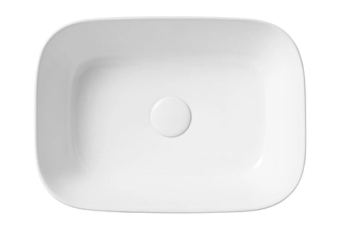 Witte rechthoekige keramische opbouwwaskom 33x45,5x13,5cm met strakke lijnen en gladde afwerking, ideaal voor moderne badkamers en toiletmeubels