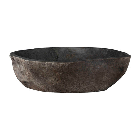 Donkere natuurstenen waskom ovaal 40x40x15 cm met ruwe buitenzijde en gepolijste binnenkant, opbouw voor badkamermeubel