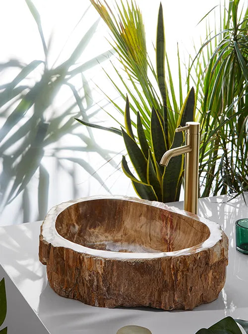 Ovale waskom van versteend hout bruin 45x40x15 cm op wit blad met hoge goudkleurige kraan