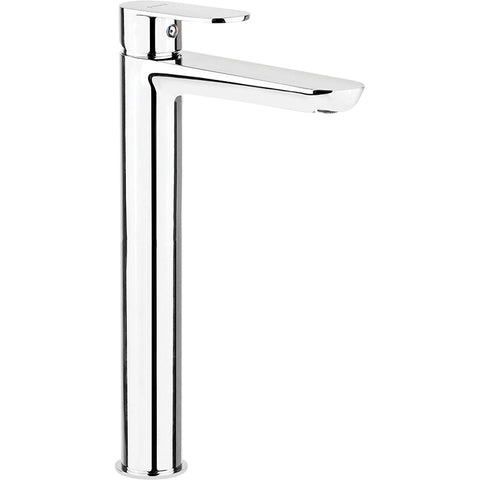 Hoge messing wastafelkraan in chroom met strakke moderne vormgeving