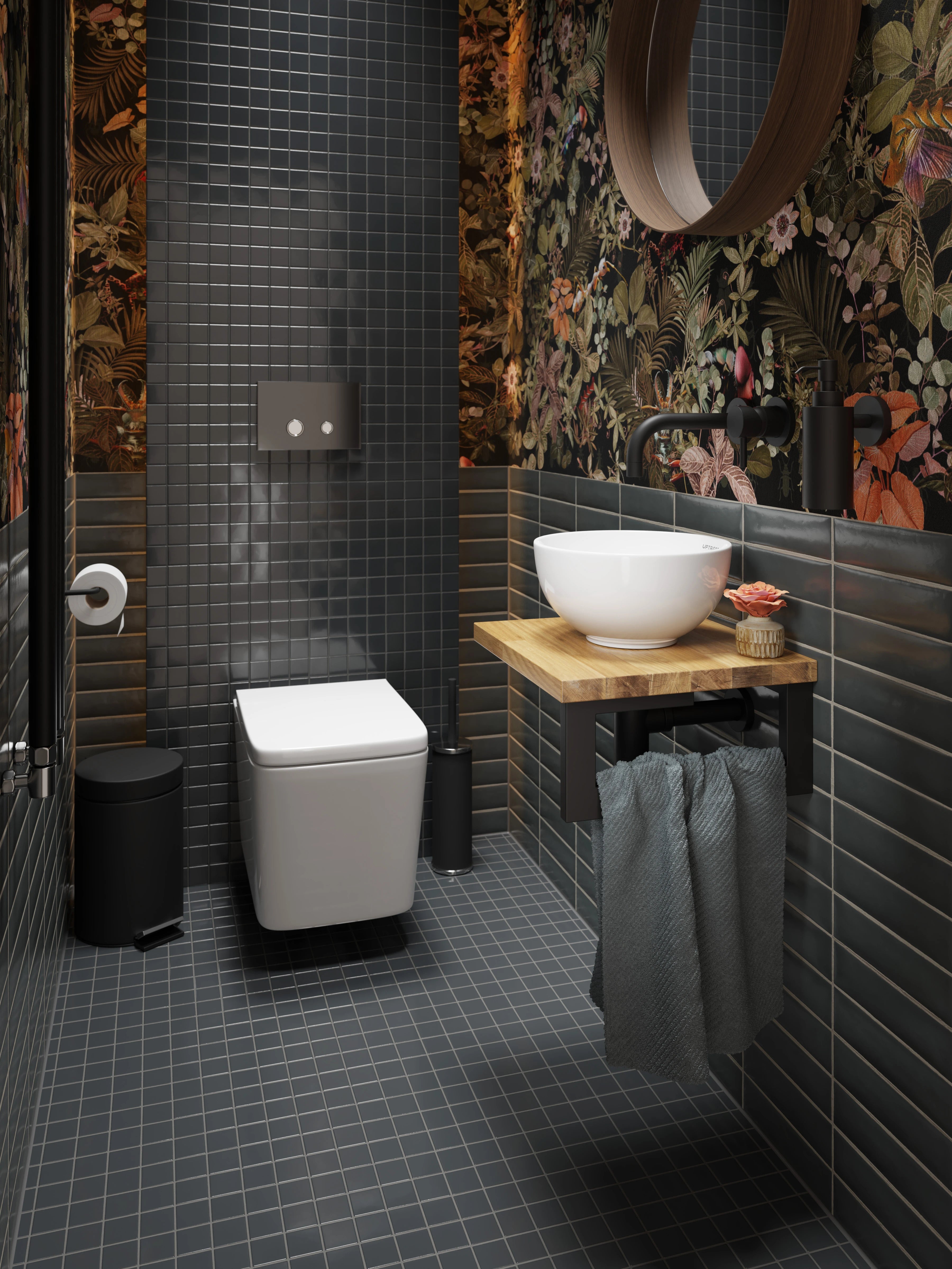 witte keramische waskom in toilet op houten plank met zwarte inbouwkraan